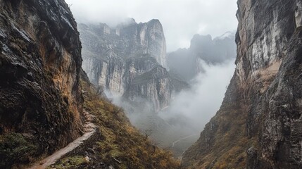 Hidden Mountain Pass Enveloped in Mist with Towering Cliffs and a Narrow Path Winding Through Rocky Terrain. AI generated illustration
