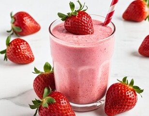 Delicious strawberry smoothie with fresh ripe strawberries on white background. Ai generated image.
