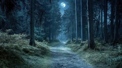 Moonlit Path Through a Dense Forest with Tall Trees and Patches of Moonlight Illuminating the Way. AI generated illustration