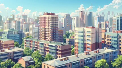 Fototapeta premium A vibrant illustration showcasing an urban cityscape with modern buildings, bustling streets, and architectural elements, capturing the dynamic essence of city life