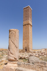 The ruins of the Ulu Cami (Great Mosque) in Harran. A tall, freestanding tower that was formerly used as a minaret and observatory. Harran is a tourist destination near Şanlıurfa, Turkey.