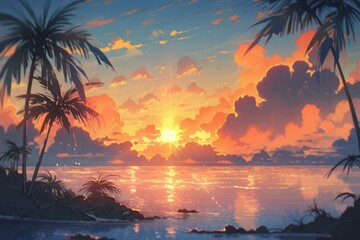 Obraz premium Sunset Serenity by the Water's Edge: A Charming Anime-Style Landscape with Palm Trees in 4K Abstract Art,storybook illustrations, comic strips, book illustrations and picture books,Abstract concepts, 