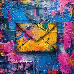Fototapeta premium Vibrant Email Icon with Paint Splattered Envelope and Creative Background