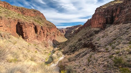 Rugged Desert Canyon with Steep Red Rock Walls and a Narrow River Cutting Through the Arid Landscape. AI generated illustration