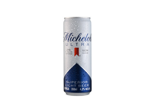 s&atilde;o paulo, brazil - august 16, 2024 michelob ultra beer, cold beer can, on a white background