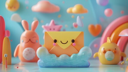 Whimsical Cartoon Email Icon with Playful Backdrop and Characters
