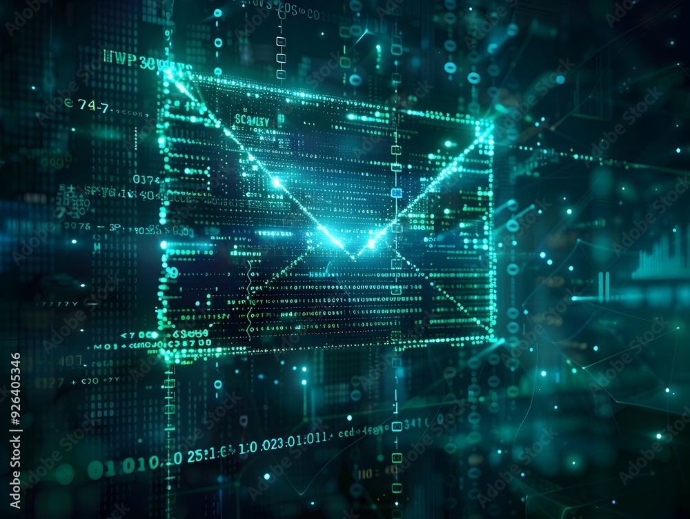 Poster turquoise tech themed e mail icon with binary code background digital communication concept