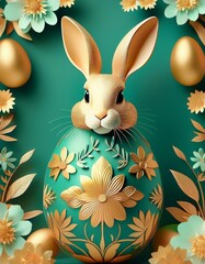 Obraz premium Ester banner for commercial with green gold egg and rabbit, bunny and flowers, pastel colors and negative space 