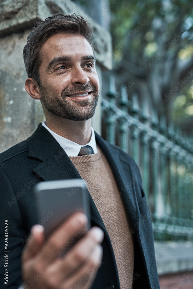 Canvas Prints Businessman, sidewalk and thinking with smartphone with smile on mobile app for ehailing cab in New York. Male person, employee and happy with networking, communication and connection on social media