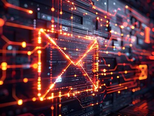 Futuristic Glowing Holographic Email Icon in High Tech Digital Backdrop
