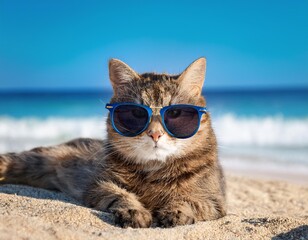 grumpy cat wearing sunglasses on the beach on summer holidays, travelling with cats concept
