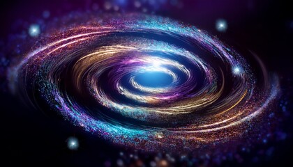 Abstract Iridescent spiral swirl made of shining particles. Sparkling galaxy spinning in darknes