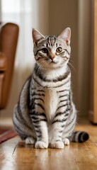 A beautiful silver American Shorthair cat relaxes on a warm, sunlit floor, showcasing its elegant striped fur and curious expression in a peaceful home setting