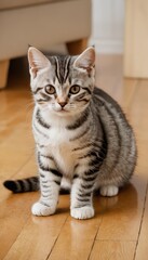 A beautiful silver American Shorthair cat relaxes on a warm, sunlit floor, showcasing its elegant striped fur and curious expression in a peaceful home setting
