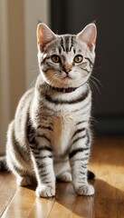 Obraz premium A beautiful silver American Shorthair cat relaxes on a warm, sunlit floor, showcasing its elegant striped fur and curious expression in a peaceful home setting