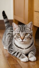 A sleek silver American Shorthair cat with striking markings lounges on a sunlit wooden floor, its calm and attentive gaze reflecting a moment of tranquility indoors
