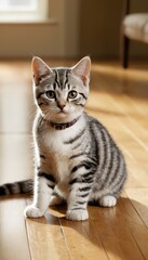 A sleek silver American Shorthair cat with striking markings lounges on a sunlit wooden floor, its calm and attentive gaze reflecting a moment of tranquility indoors