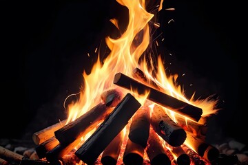 Burning logs with bright flames in a fireplace.