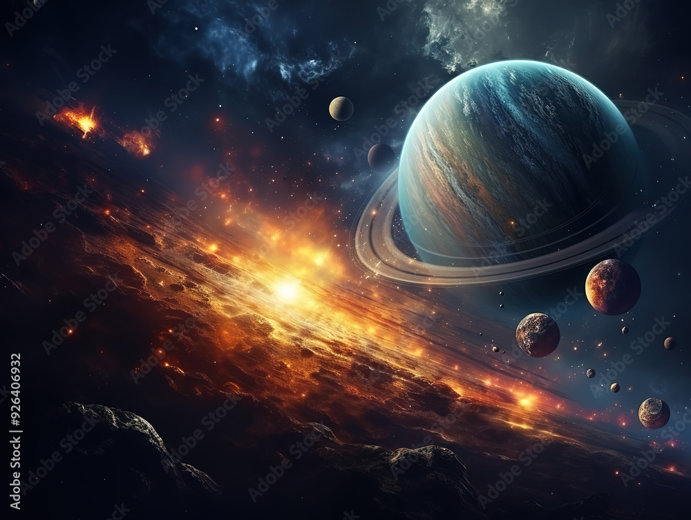 Wall mural attractive our 3d solar system with planets in orbits path.