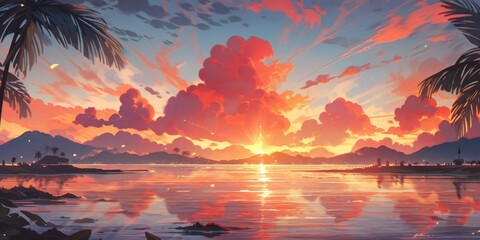 Sunset Serenity by the Water's Edge: A Charming Anime-Style Landscape with Palm Trees in 4K Abstract Art,storybook illustrations, comic strips, book illustrations and picture books,Abstract concepts, 
