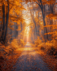 Enchanting Autumn Pathway Bathed in Sunlight