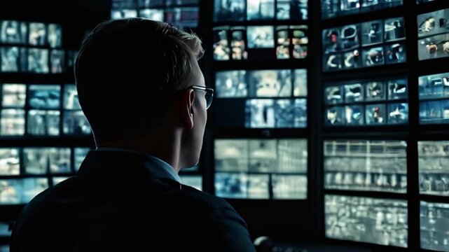 Man in Glasses Monitoring Security Cameras on Multiple Screens in a Control Room