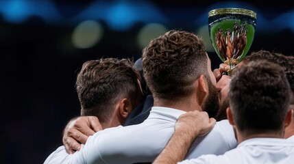 A victorious team huddling together, lifting their coach high in celebration, with a championship trophy in the background, symbolizing sports triumph and domination