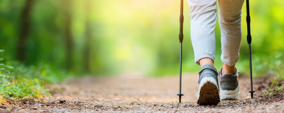 A warm image of an elderly person walking confidently along a nature trail with trekking poles, symbolizing the balance between staying active and protecting bone health