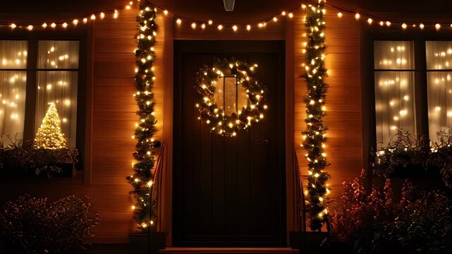 A cozy house exterior adorned with festive garlands and string lights, glowing warmly in the winter evening.