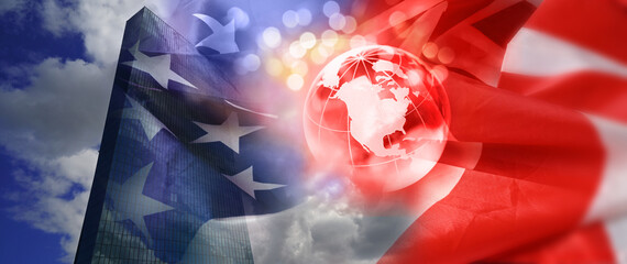 US President election 2025 choice. American flag and globe patriotic july 4th with goverment building in the background. Memorial Day earth map.