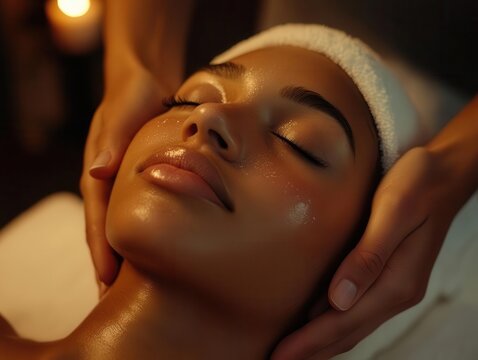 A serene facial treatment showcasing a relaxed black woman enjoying a rejuvenating spa experience with soothing hands.