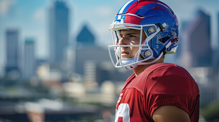 University Football Player in Helmet Posing Against Downtown Skyline on a Sunny Day