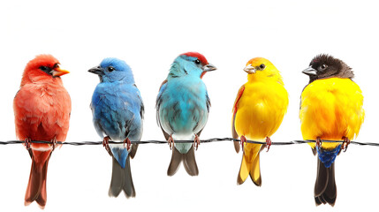 Colorful birds sitting on wire isolated on white
