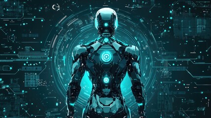 2D AI illustration showcasing a futuristic robot and algorithmic patterns. Represents artificial intelligence and advanced technology. Ideal for digital and tech graphics.