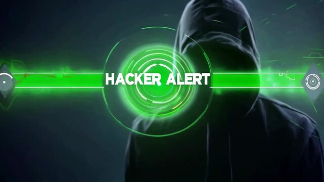 Hacker in dark hoodie with green 'Hacker Alert' text overlay and digital interface elements. Cybersecurity breach 