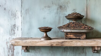 Red flakes adorn wooden shelf.