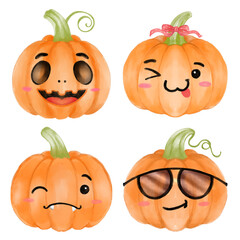 Watercolor halloween pumpkin face, jack o lantern set 2 of 4 .