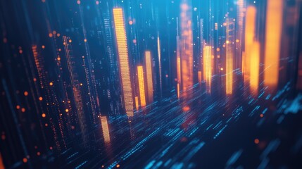 Fototapeta premium Abstract 3D business chart with glowing candlesticks on a blue background. Captures the essence of financial markets and trade data. Great for professional finance graphics.