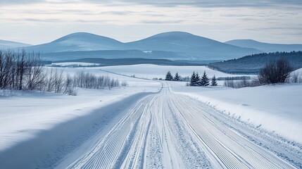 Country road through the snow-covered fields, rural area