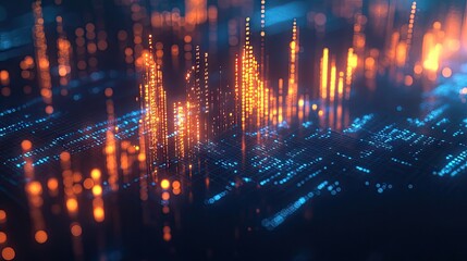 Obraz premium Abstract 3D rendering of glowing candlestick business chart on a deep blue background. Represents trade, finance, and market trends. Ideal for financial analysis and trading visuals.