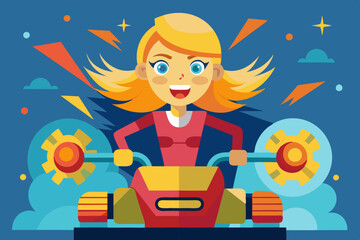 Riding on the machine. Happy blond woman rides in the car. Vecto
