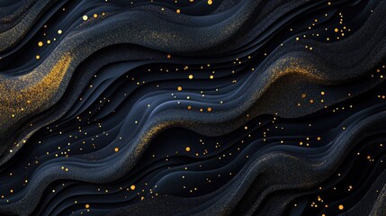 Abstract 3D vector illustration of black carbon-layered shapes with golden glittering dots, offering a refined and contemporary visual appeal.