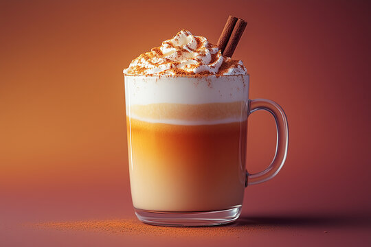 Warm-hued pumpkin spice latte in a glass cup garnished with cinnamon stick positioned artistically on a textured gradient background