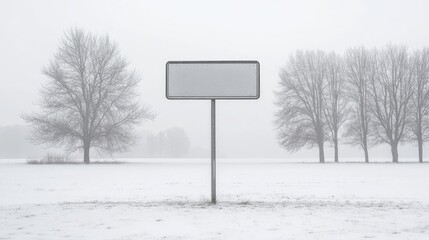 Blank metal sign on a pole, standing in a snowy field with bare trees and a pale winter sky