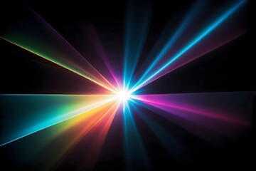 Obraz premium Abstract colorful light rays radiating from a bright center on a black background.