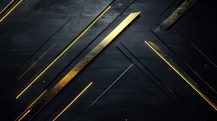 Fototapeta premium Abstract background showcasing gold directional arrows and geometric elements on a dark black space, perfect for a futuristic and elegant design approach.
