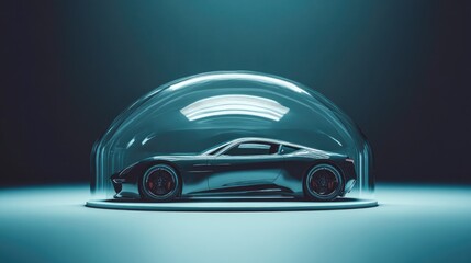 Obraz premium A car safely enclosed under a glass dome, representing the concept of car insurance and protection, with a sleek and modern design
