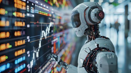Futuristic Trading Robot Analyzing Cryptocurrency Market Trends with Digital Interface in Modern Financial Environment