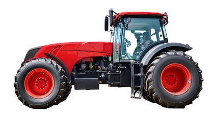 Obraz premium Isolated red tractor, a symbol of agriculture and farming, stands proudly against a white background