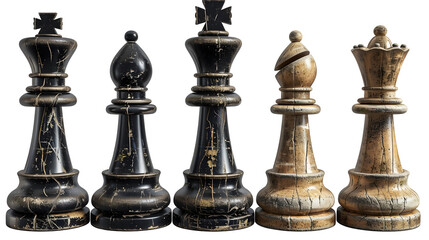 Fototapeta premium Vintage Chess Pieces Set - King, Queen, Bishop, Knight - Black And White - Worn And Cracked - Isolated On Black Background